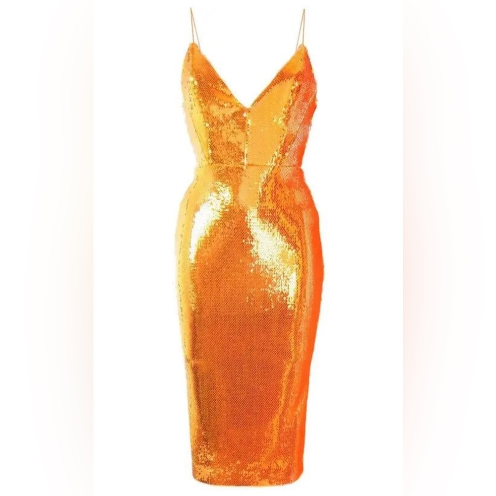 Alex Perry Orange Addilyn Sequin Embellished Midi Plunge Dress AU12/US8 NWOT